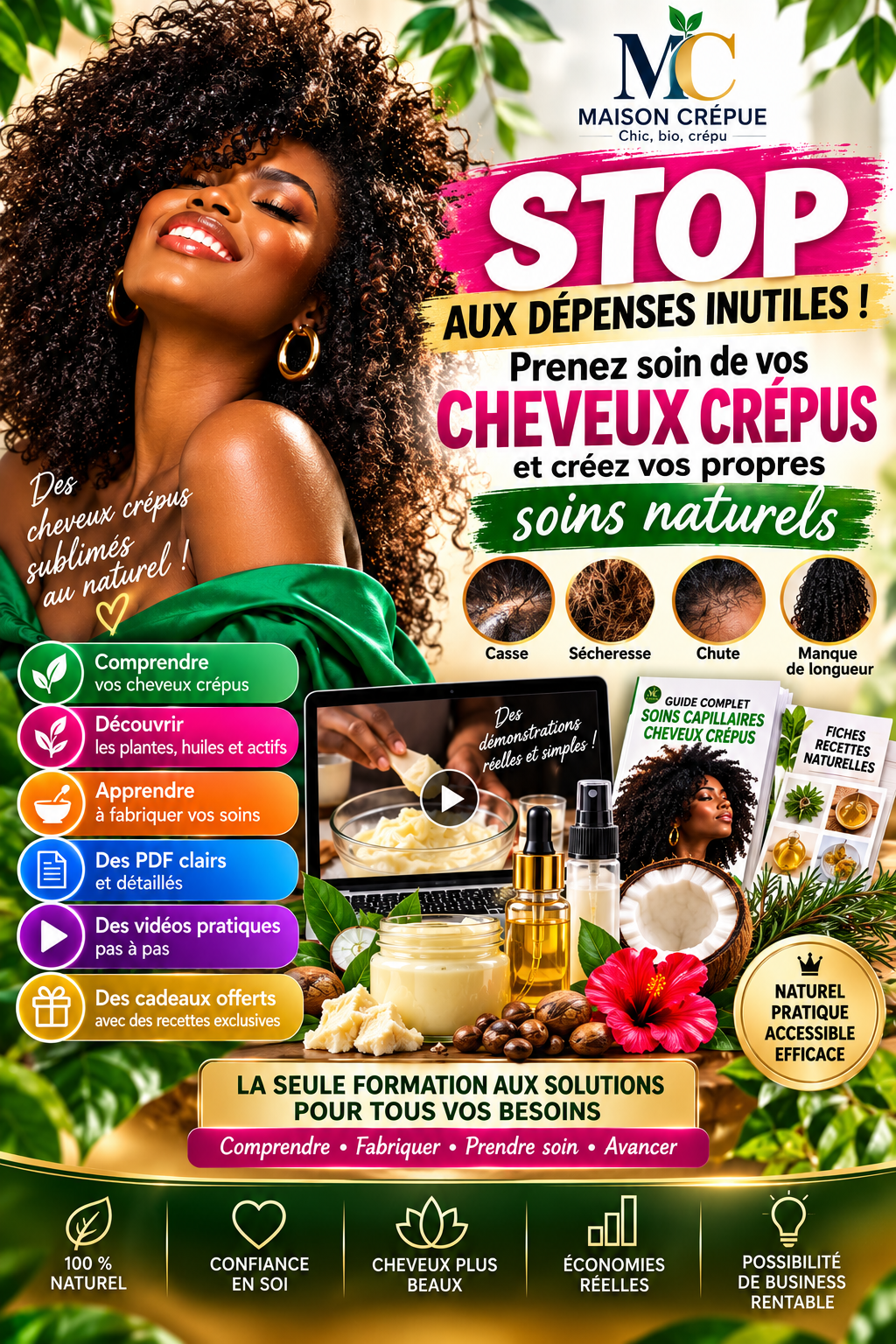 Visuel de la formation Maison Crépue STOP aux dépenses inutiles, sur les cheveux crépus et la fabrication de soins naturels